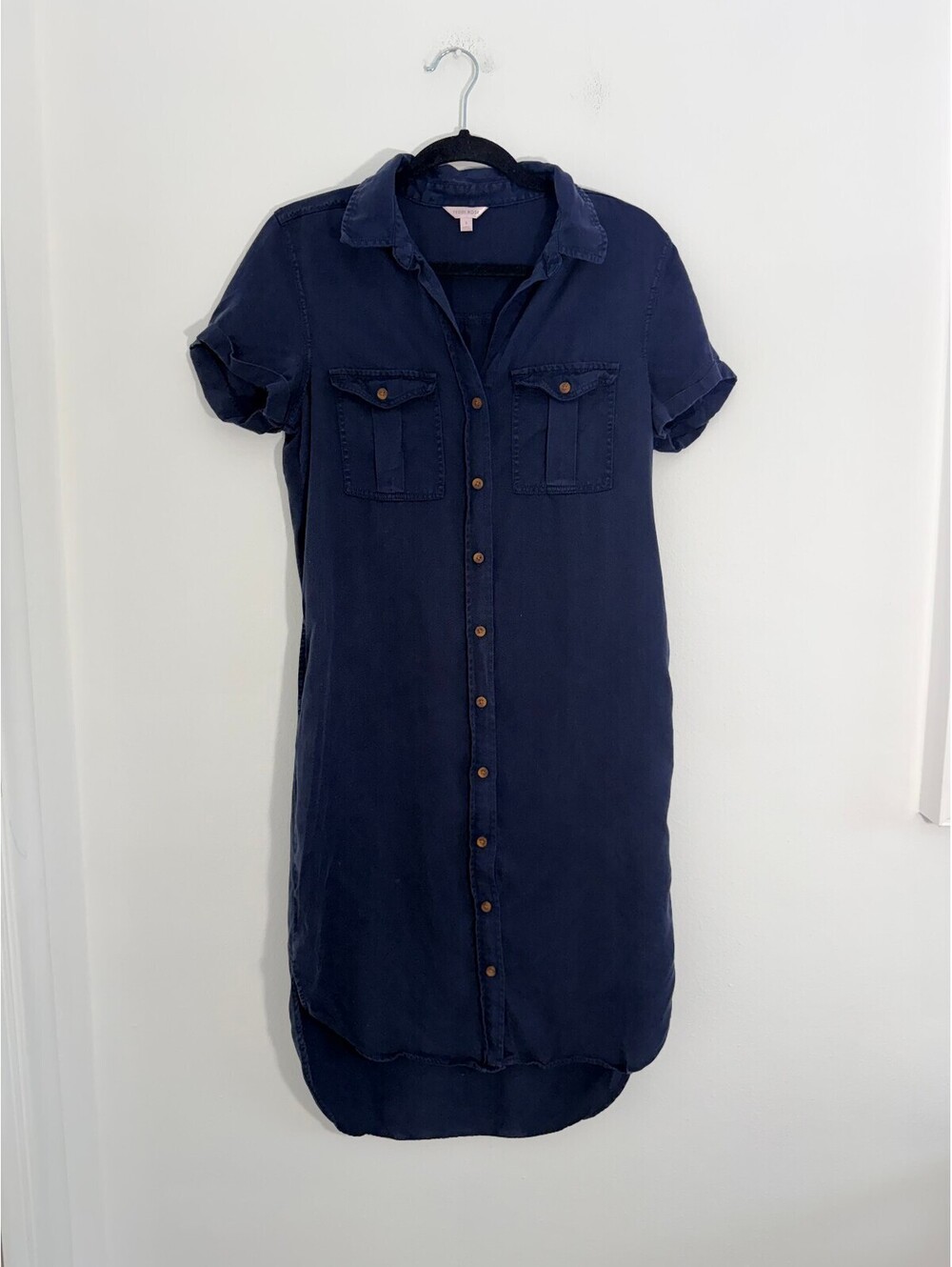 Teddi Rose Navy Tencel Lyocell Utility Shirt Dress Button Front Size S
